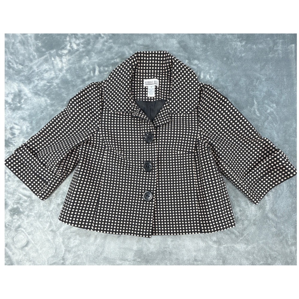 Robbie Bee Womens Black White Polka Dot Cropped Blazer Jacket 3/4 Sleeve Size 10